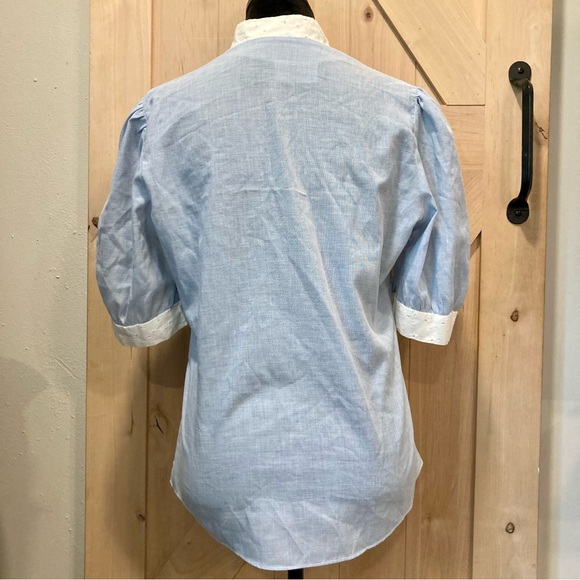Vintage Blouse Light Blue with White Eyelet Trim and Puffy Shoulders - Picture 6 of 14